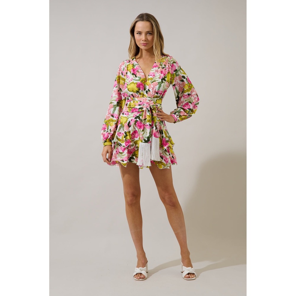 Sugarlips Floral V-Neck Mini Dress Pink Yellow Long Sleeve Fringe Belt Small
